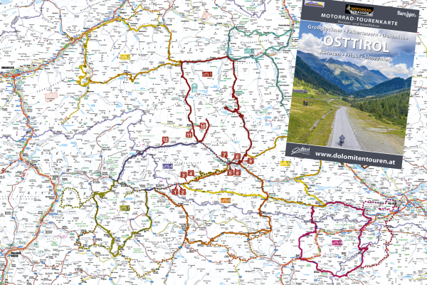 Motorrad-Tourenkarte OSTTIROL- Großglockner-Felbertauern-Dolomiten-Kärnten-Friaul-Slowenien